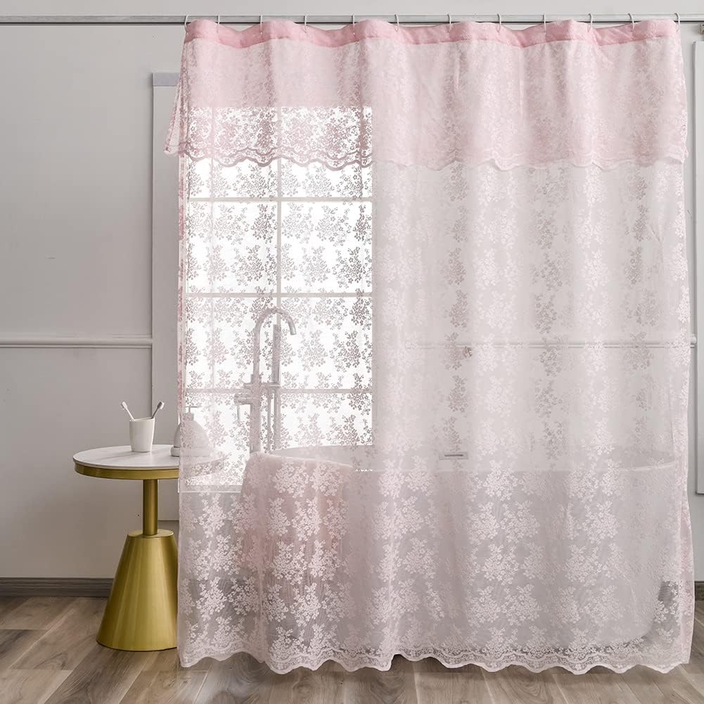 Farmhouse Pink Lace Shower Curtain, Shabby Chic Style, 72x72 Inch