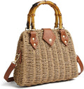 Woven Straw Handbag for Women with Bamboo Handle - Natural Brown