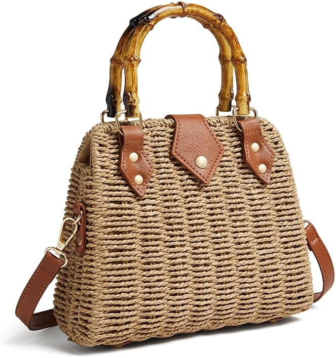 Woven Straw Handbag with Bamboo Handle and Leather Trim