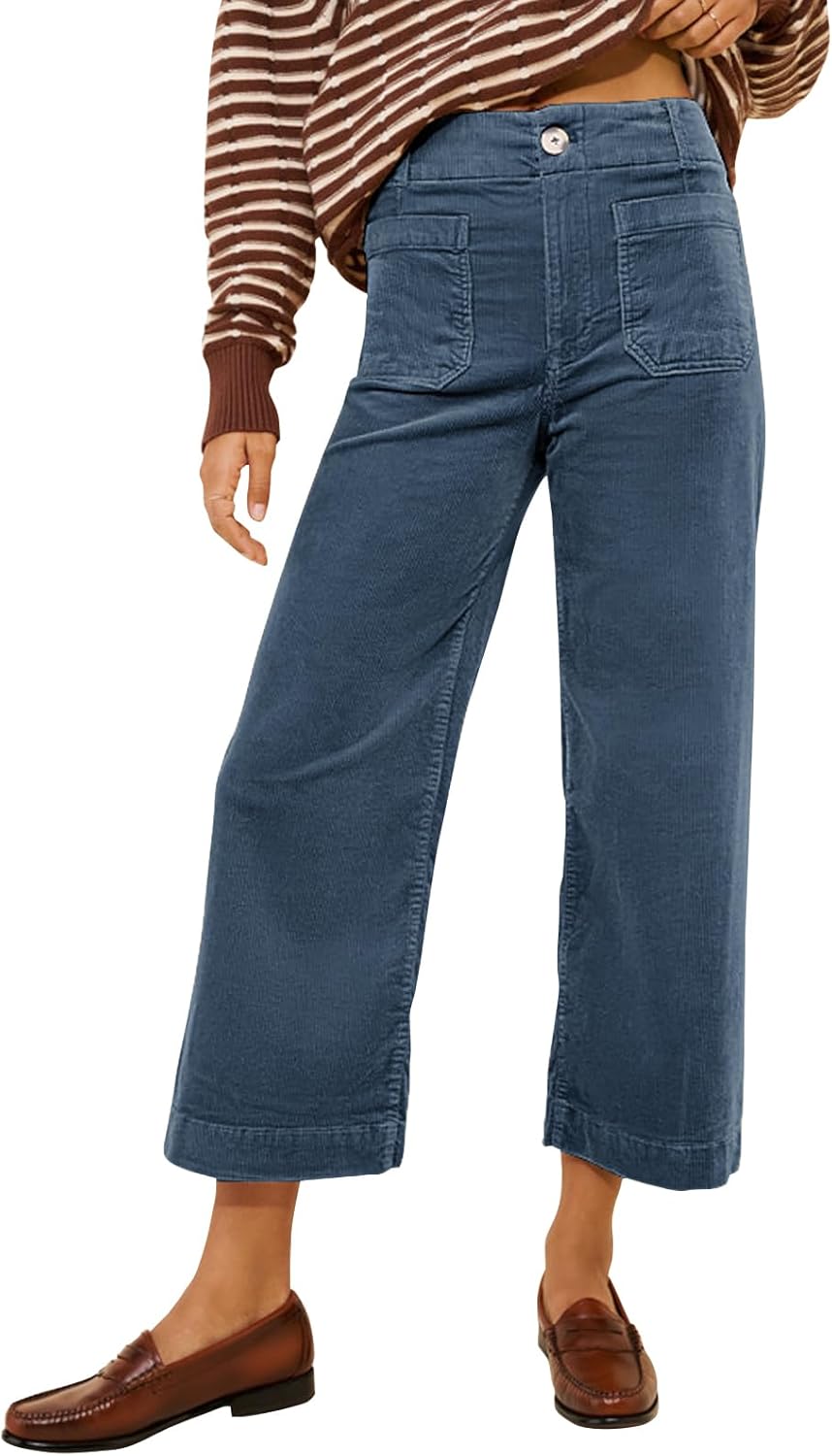 Miduo Womens Casual High Waisted Wide Leg Corduroy Pants