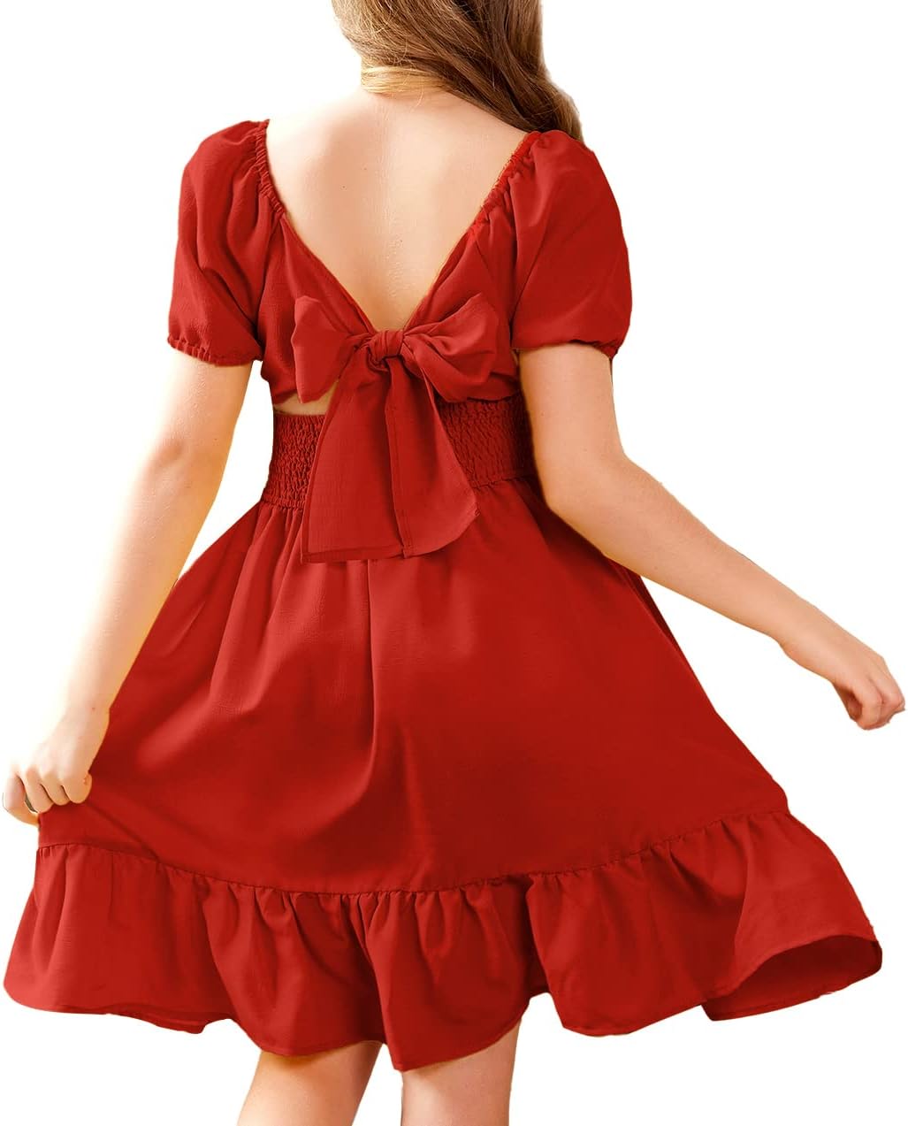 Arshiner Girls Tie Back Short Sleeve Ruffle Hem Dress 4-12