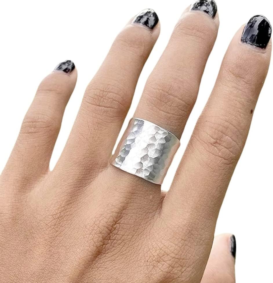 Hammered Sterling Silver Handmade Wide Band Ring for Her Gift