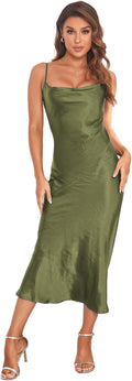 Women's Spaghetti Strap Midi Satin Slip Dress - Sleek Cowl Neck straps