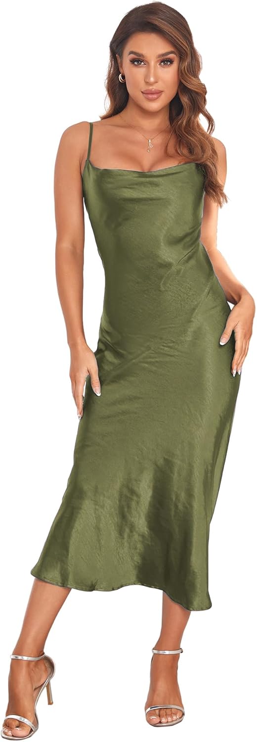 Elegant Women's Spaghetti Strap Midi Satin Silk Dress for Parties