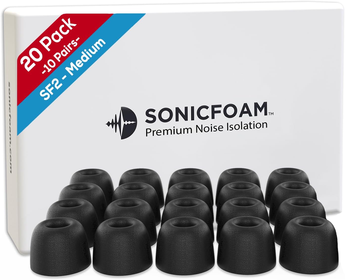 SONICFOAM Memory Foam Earbud Tips - Noise Isolation, 20 Pack