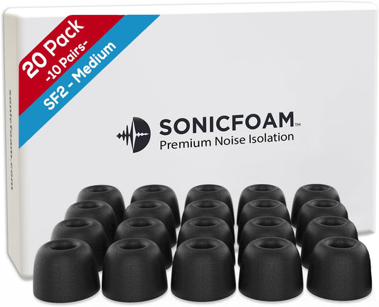 SONICFOAM Memory Foam Earbud Tips - Noise Isolation, 20 Pack