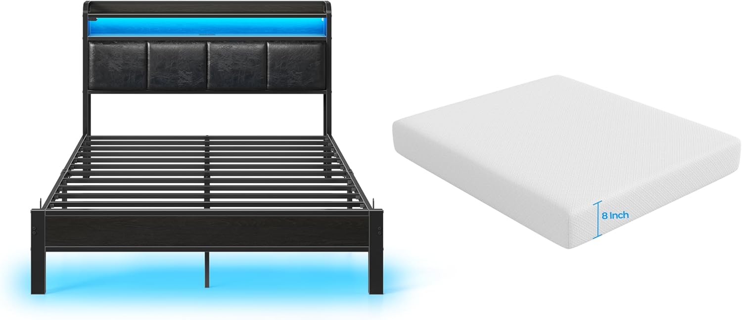 Rolanstar Full Size Bed Frame with LED Lights and Charging Station