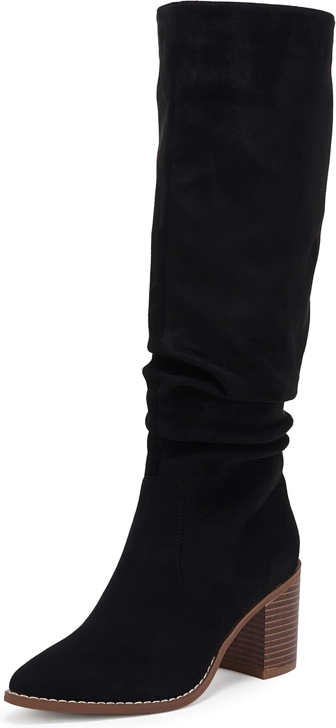 Huiyuzhi Womens Pointed Toe Mid Chunky Heel Knee High Boots