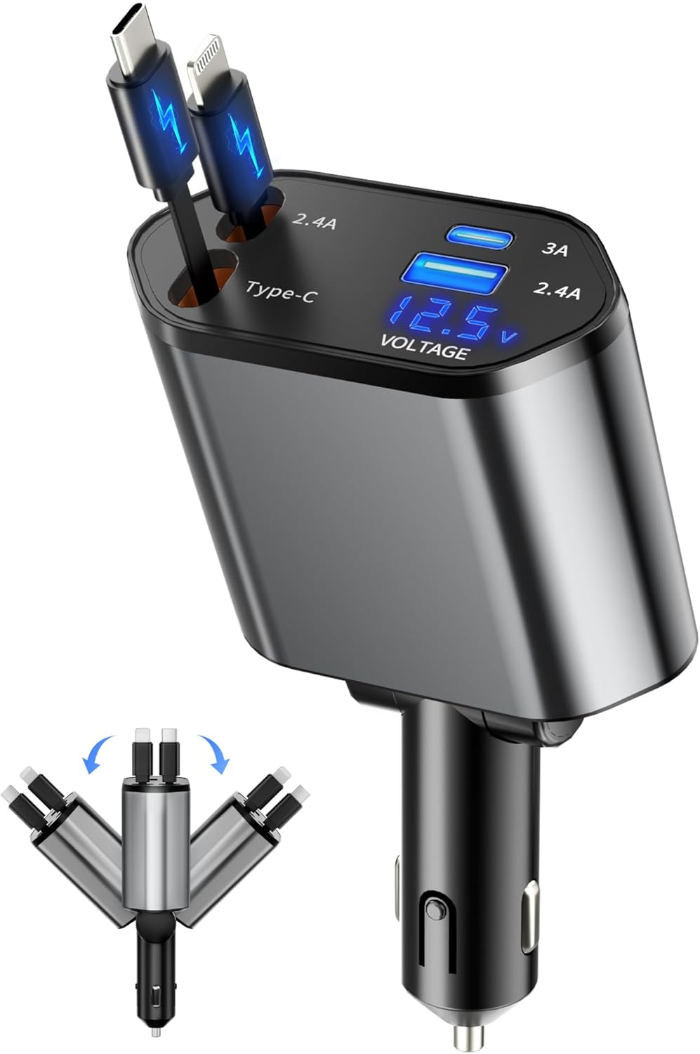 Fast Charge 4-in-1 Retractable Car Charger by BERTHALESS