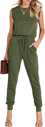 ANRABESS Womens Summer Crewneck Sleeveless Jumpsuits with Pockets