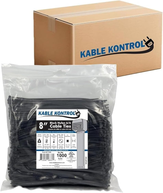 Kable Kontrol 8 Inch Black Cable Zip Ties - 25,000 Pcs Bulk Pack