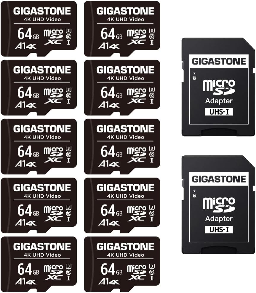 GIGASTONE 64GB Micro SD Card 10-Pack | 4K UHD Video | 90MB/s Speed