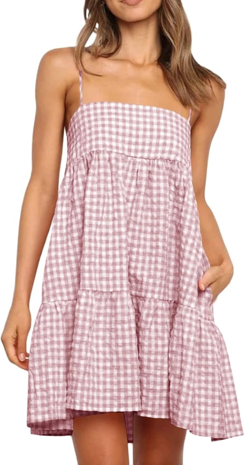 Womens Plaid A-line Mini Dress with Ruffle Hem and Pockets