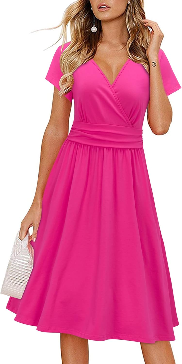 OUGES Women's Summer Short Sleeve V-Neck Floral Dress with Pockets