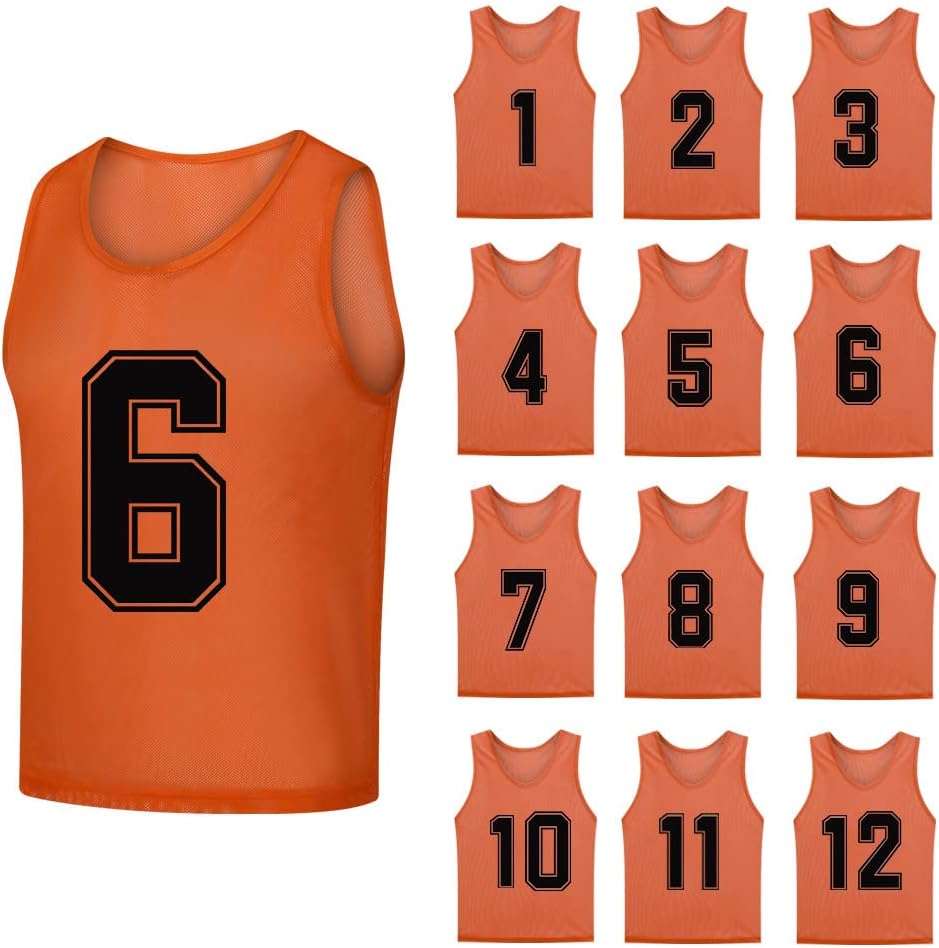SHIJIXING 12 Pack Numbered Pinnies for Soccer & Basketball