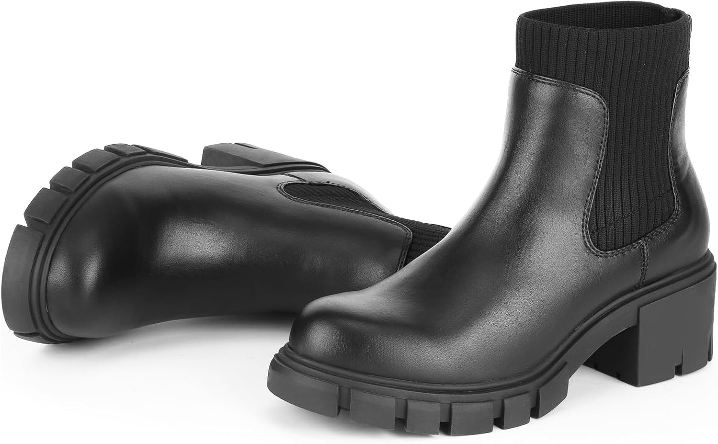 FITORY Womens Chelsea Boots with Chunky Mid Heel and Lug Sole