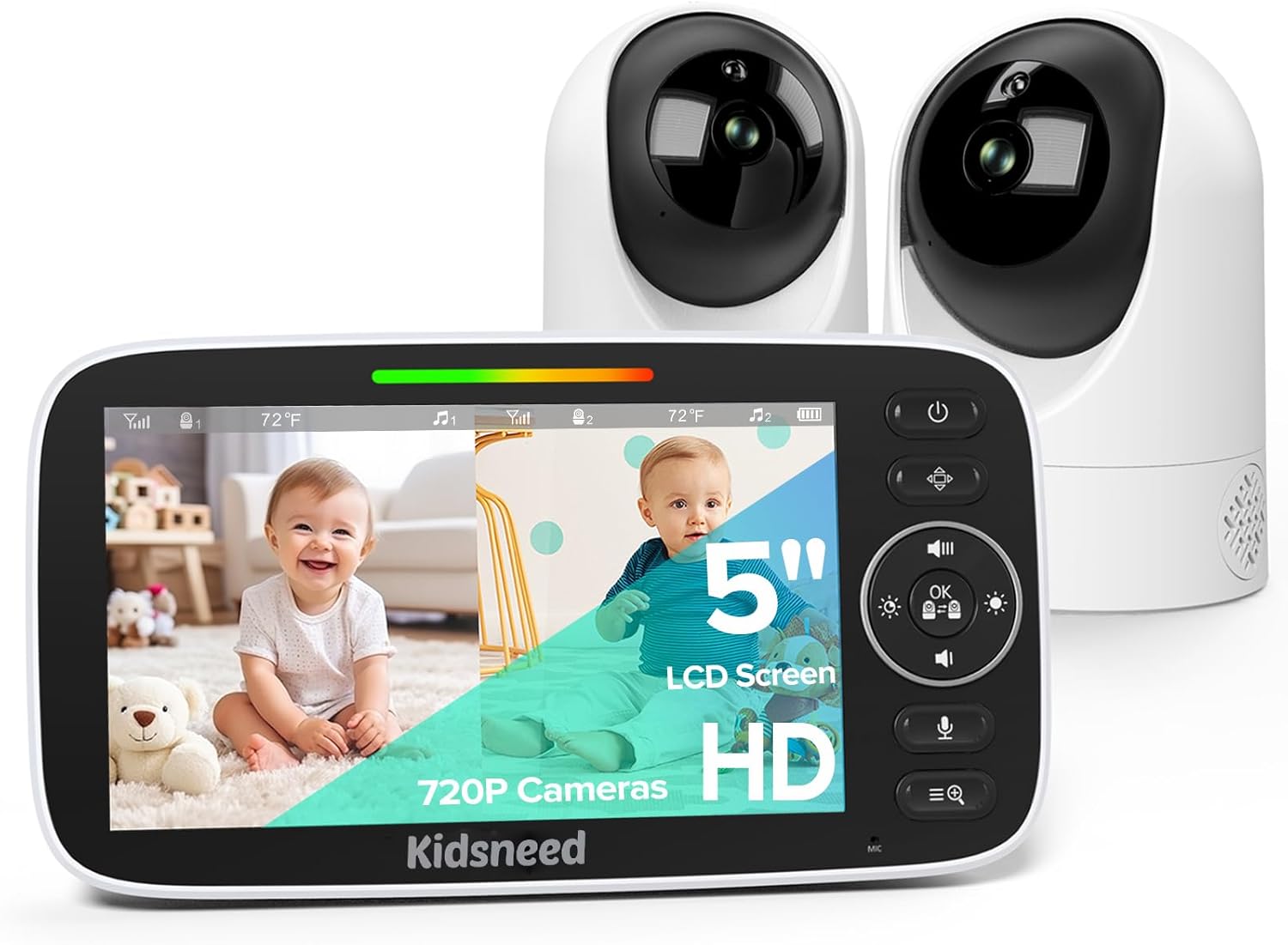 Kidsneed 5in Split Baby Monitor with 2 HD Cameras for Parents