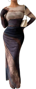 Women's Maxi Tie Dye Mesh Bodycon Dress - Ruched Long Sleeve