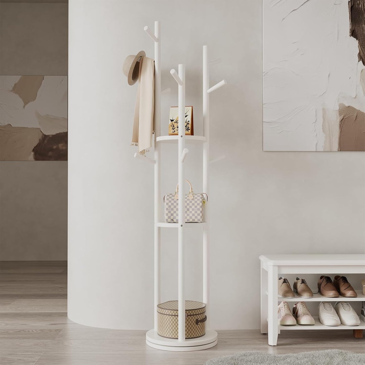 Solid Wood Rotary Coat Rack with Shelves and Hooks for Home