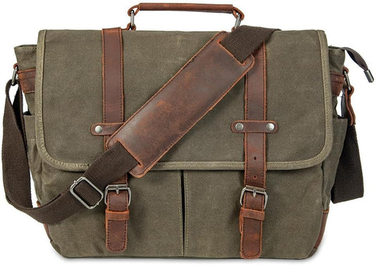 Vintage Genuine Leather Waxed Canvas Briefcase for 15.6 in Laptop