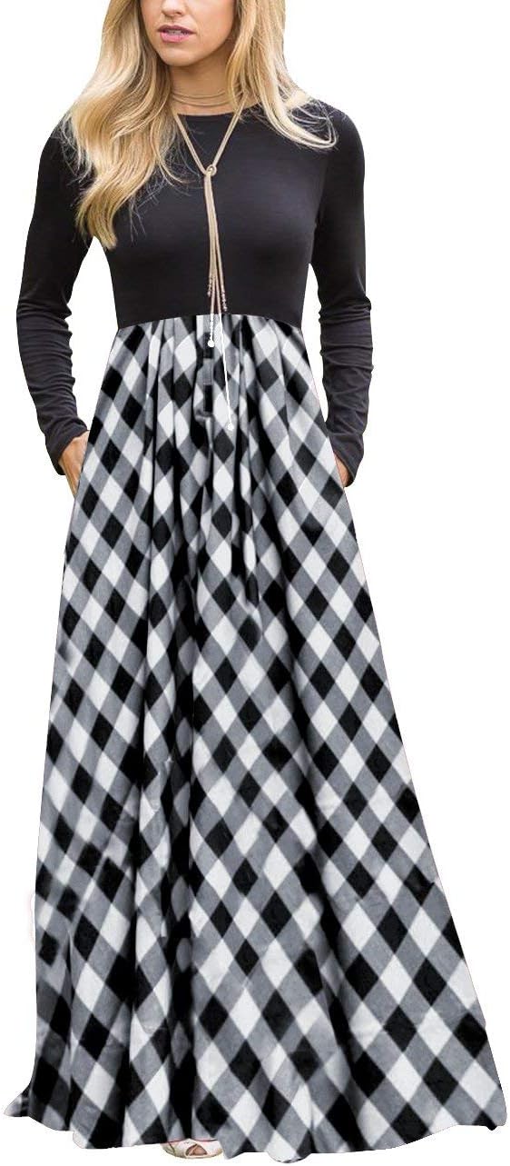 Stylish Women's Long Sleeve Plaid Maxi Dress with Pockets