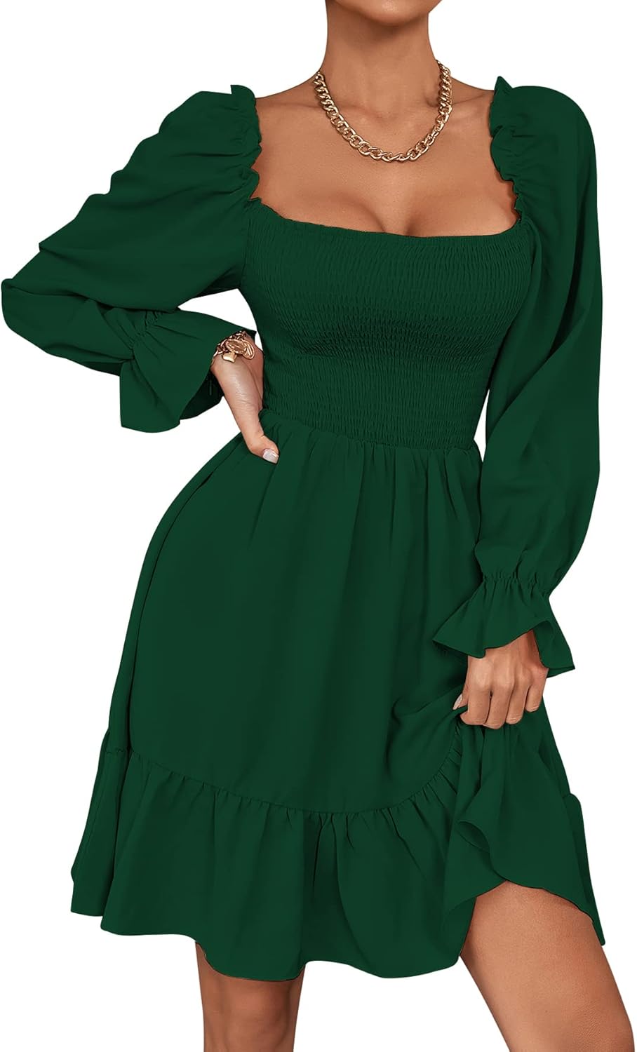 LYANER Women's Square Neck Lantern Long Sleeve Mini Dress