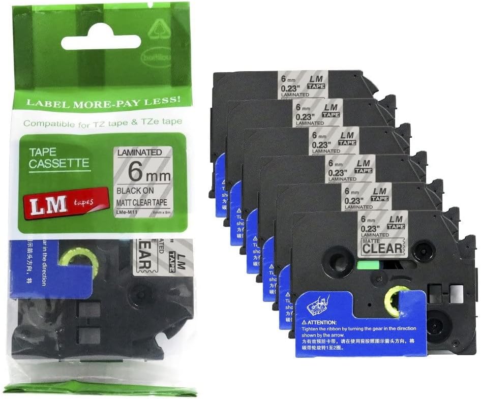 Premium 1/4 in Black Print on Matte Clear Label Tapes 6 Pack