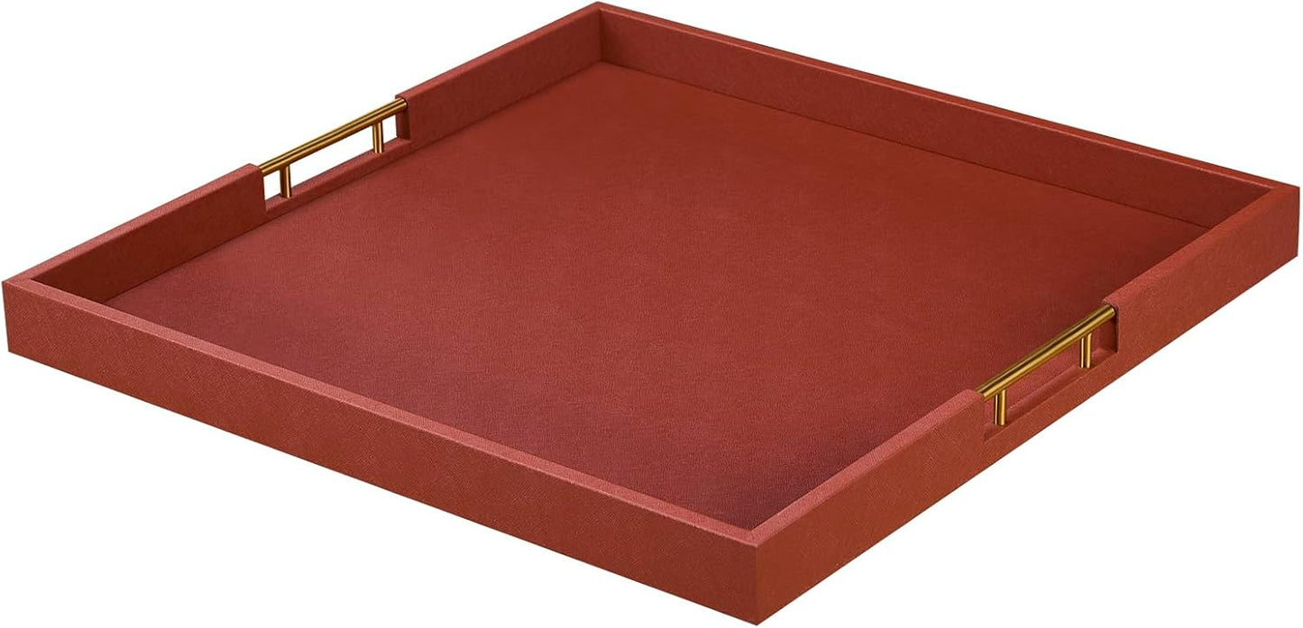 20x20 Inches Large Brown Faux Leather Wrapped Wood Ottoman Tray
