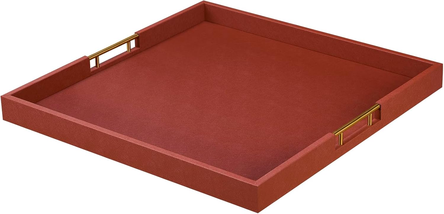 20x20 Inches Large Brown Faux Leather Wrapped Wood Ottoman Tray