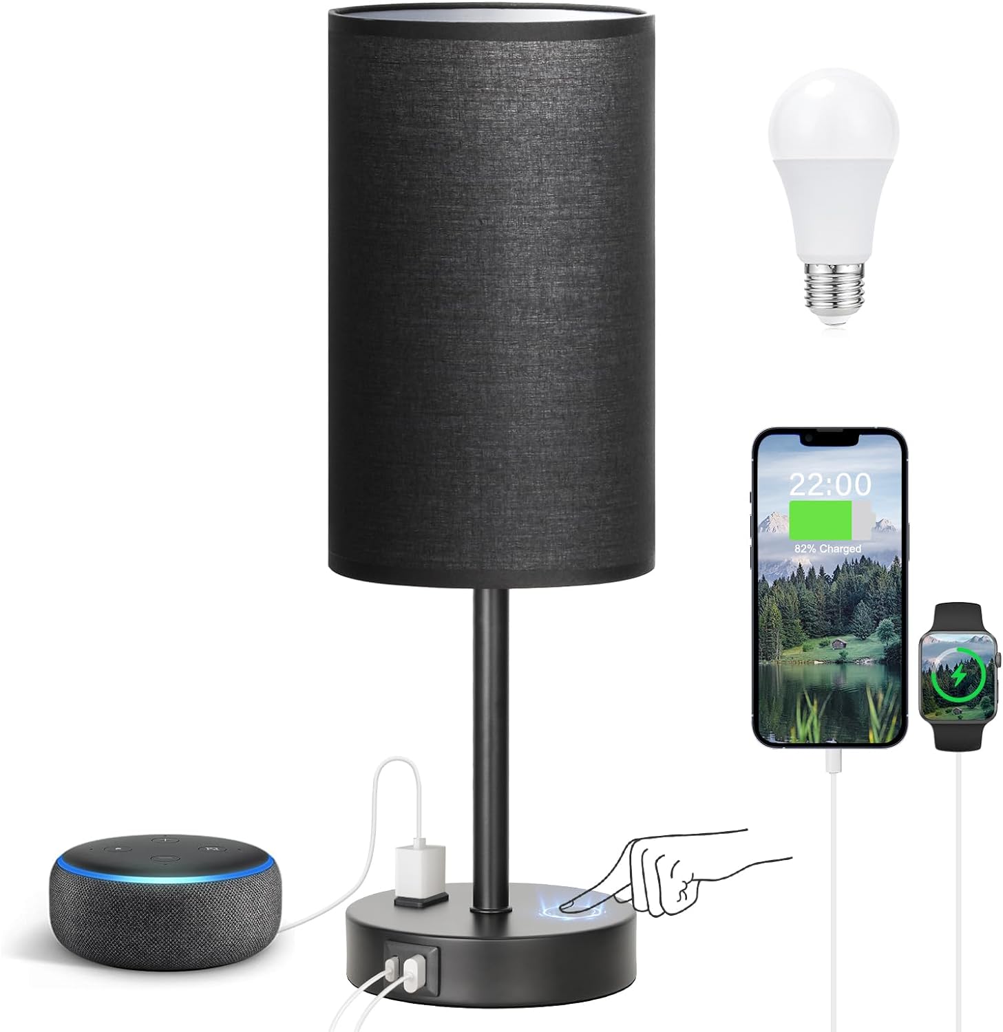 Touch Nightstand Lamp - 3-Way Dimmable with USB Charging Ports