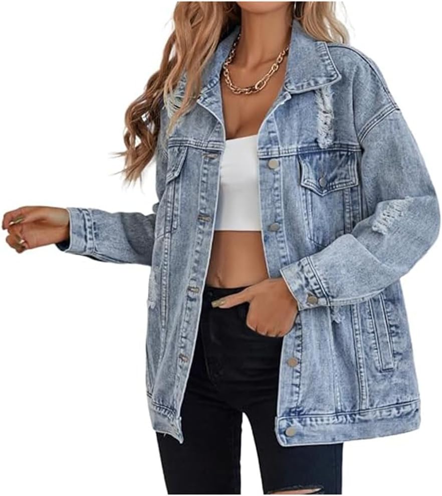 Oversized Denim Jacket for Women - Ripped Distressed Style