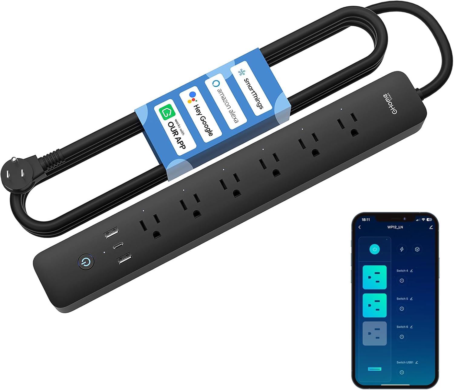 GHome Smart Power Strip: 6 Outlets, 3 USB, Voice Control Compatible