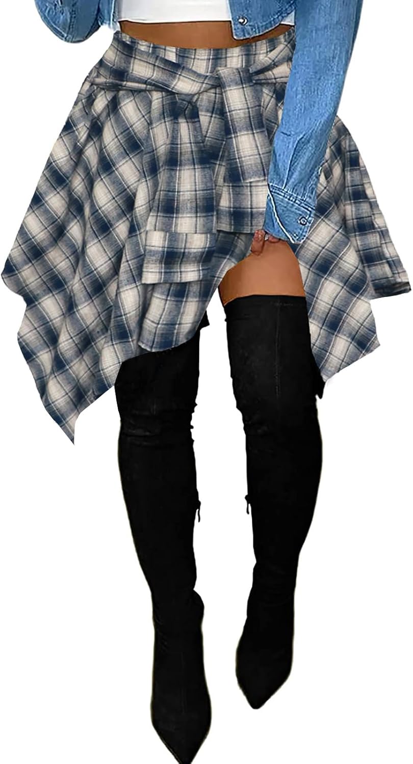 Women's Plaid Skorts Skirts - High Waisted Tie Front Pleated