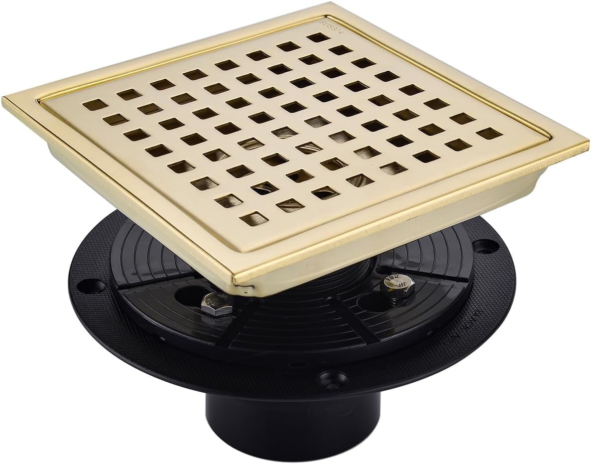 Brushed Gold Shower Drain 6 Inch Square Cover Kit for Bathrooms