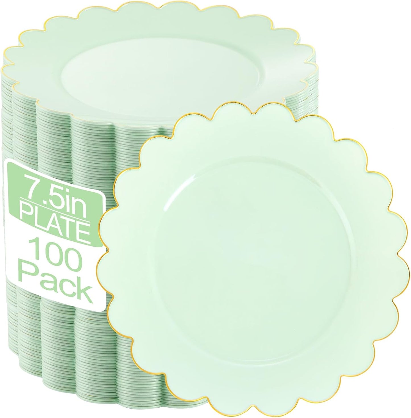 Sage Green Plates with Gold Rim - 100 Pcs Heavy-Duty Set