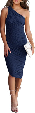 Summer One Shoulder Ruched Bodycon Dress - Chic Asymmetrical Midi