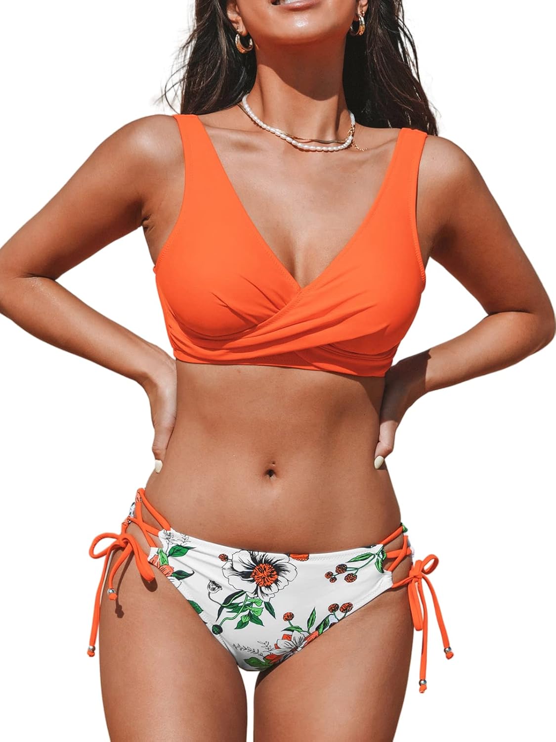 CUPSHE Women's Bikini Swimsuit with Front Cross Lace Up Design