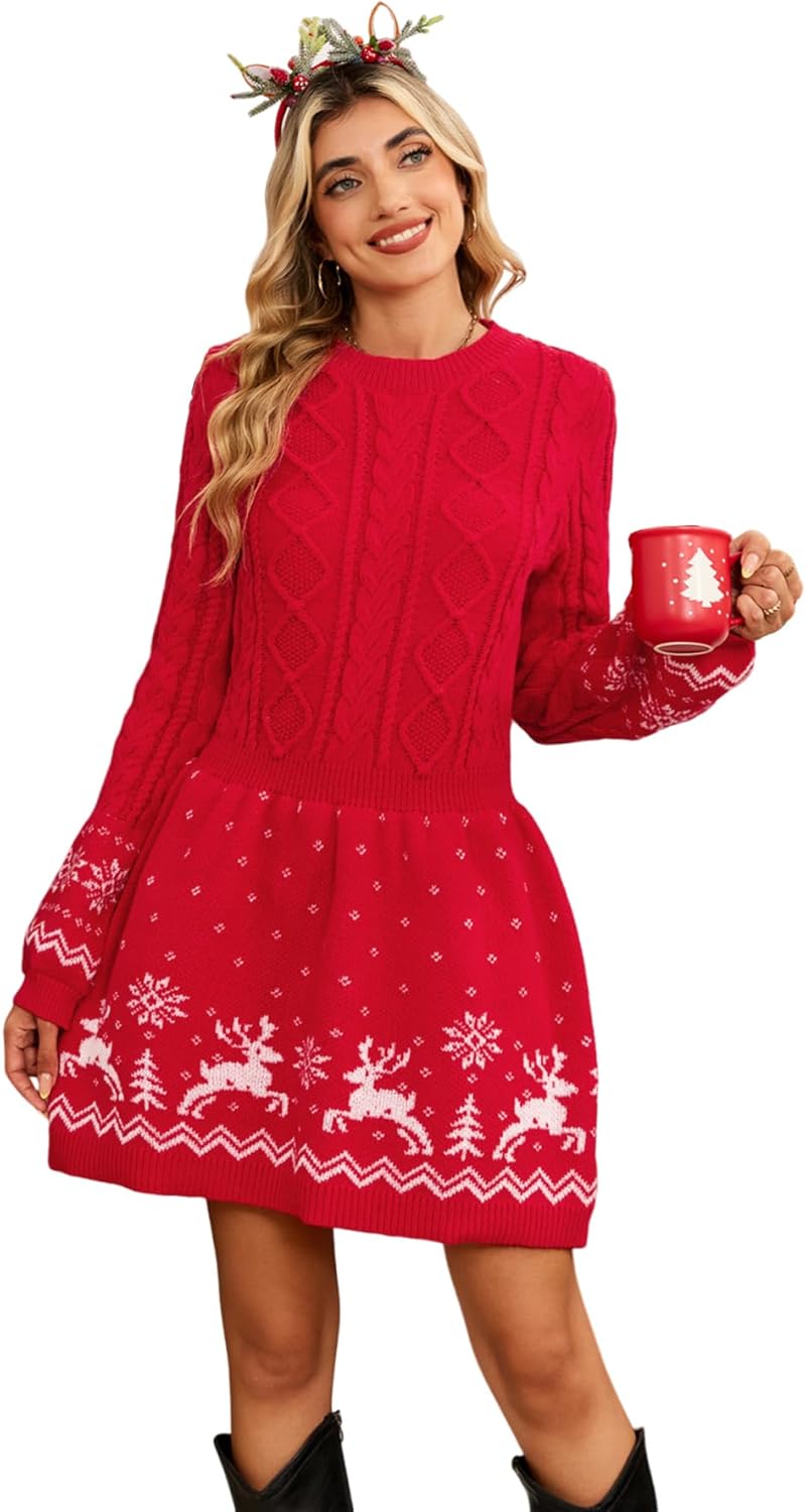 SunnyMelody Womens Christmas Sweater Dress with Reindeer Design