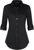 Womens Soft Knitted Stretchy Roll Up Long Sleeve Button Down Shirt