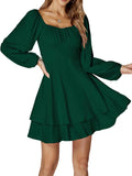 LYANER Lantern Long Sleeve Wrap Tie Back Square Neck Mini Dress Shoes