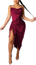 Womens Satin Spaghetti Strap Backless Dress - Ruched Split Hem