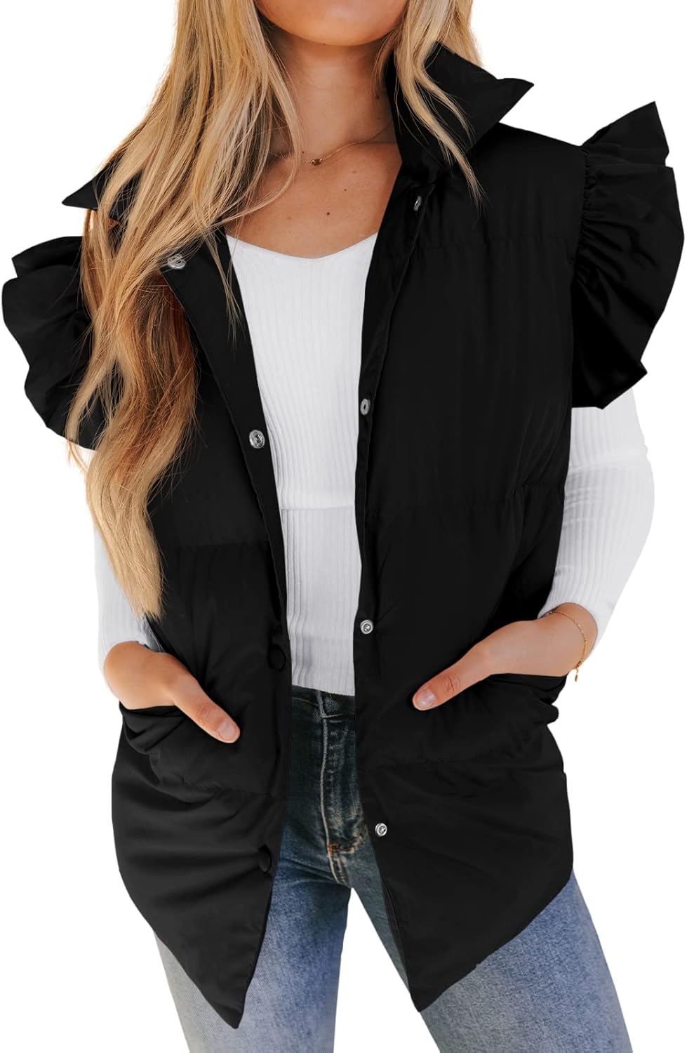 Valphsio Women's Puffer Vest with Ruffle Sleeves for Winter Wear