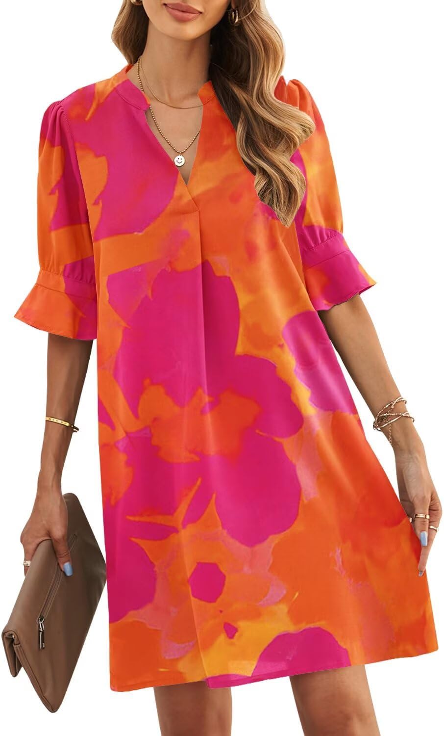 V-Neck Ruffled Short Sleeve Dress for Women by JOCAFIYE
