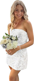 Strapless Satin Homecoming Dresses Floral Short Cocktail Prom Dress