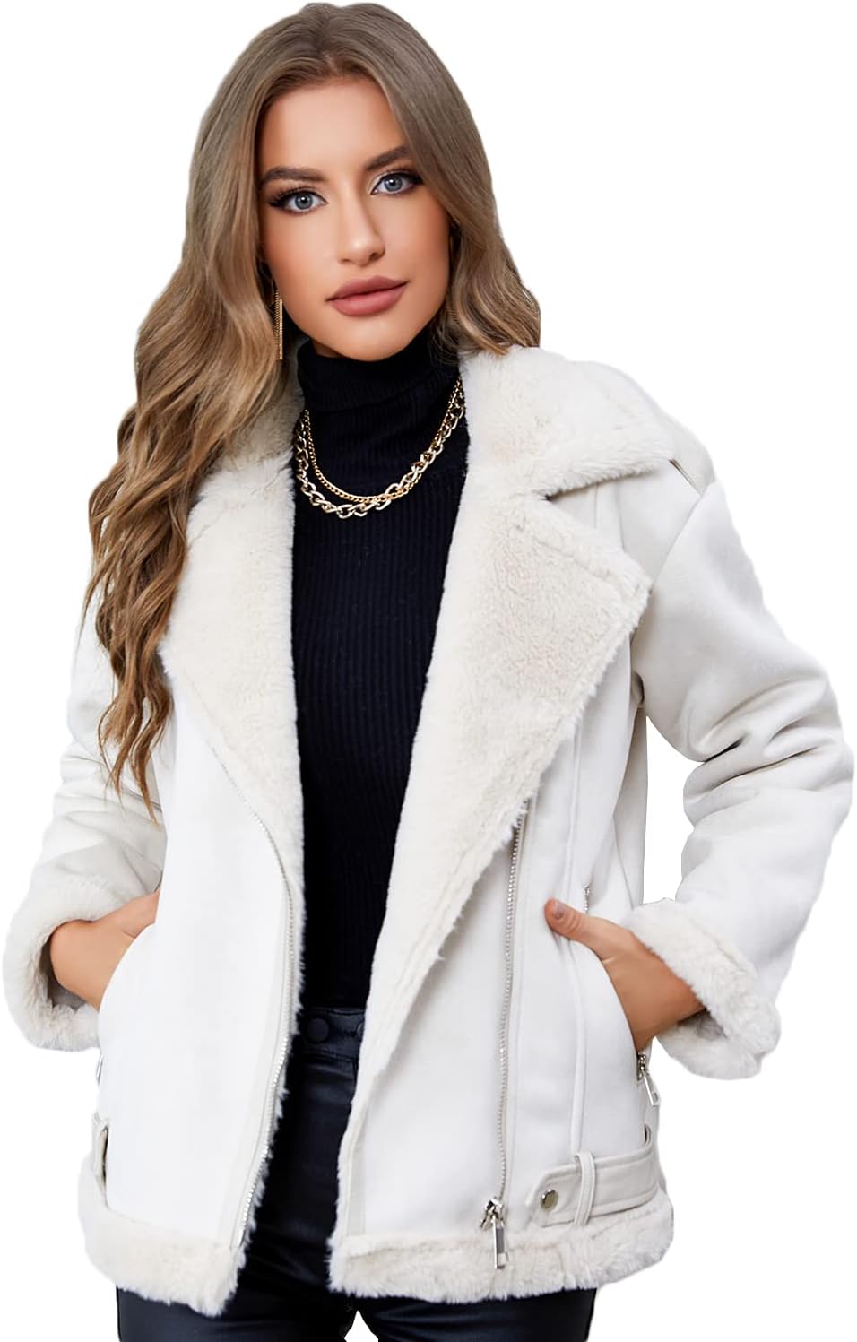 LY VAREY LIN Women's Faux Shearing Moto Jacket for Winter Style