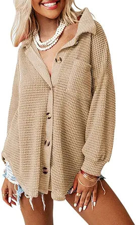 SHEWIN Womens Waffle Knit Button Down Shirts for Casual Style