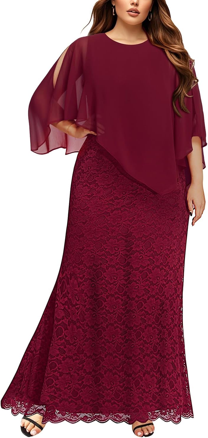 Women's Plus Size Cape Dress with Chiffon Overlay for Elegance