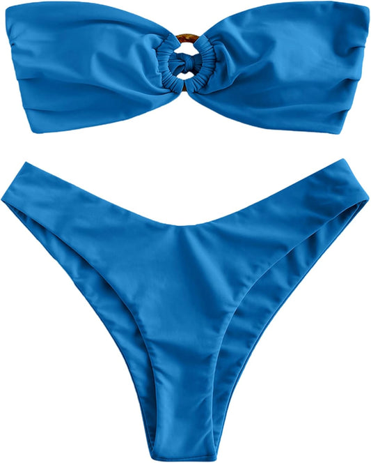 ZAFUL Women's Bandeau Bikini O Ring Strapless High Cut Swimsuit