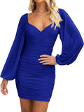 Fall Dresses for Women 2025 Cross V Neck Mesh Long Sleeve Ruched Club