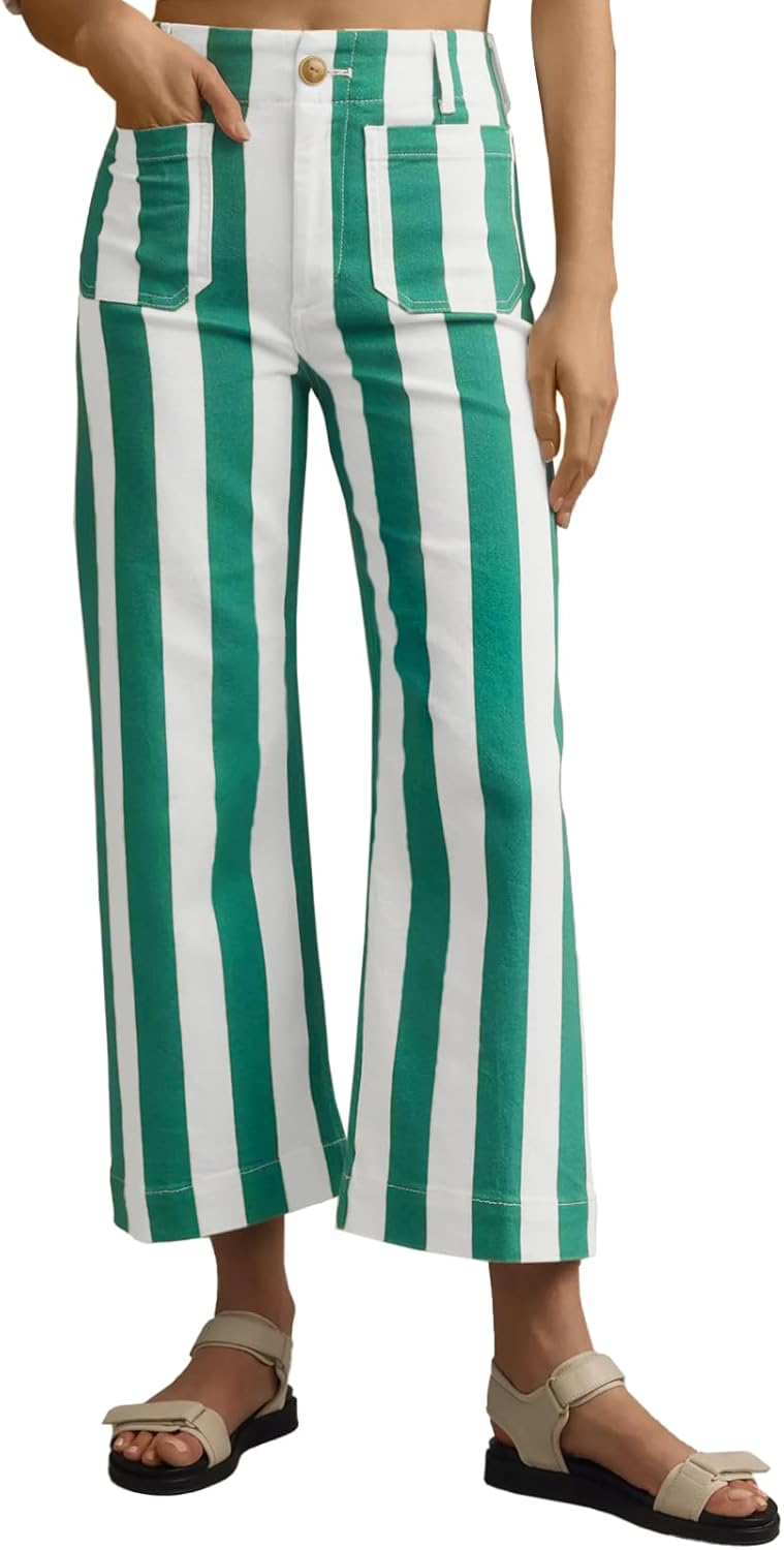 Cropped Striped Jeans for Women - High Waisted Stretchy Denim